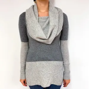 Grey Colour Block Cashmere Cowl Neck Jumper Small