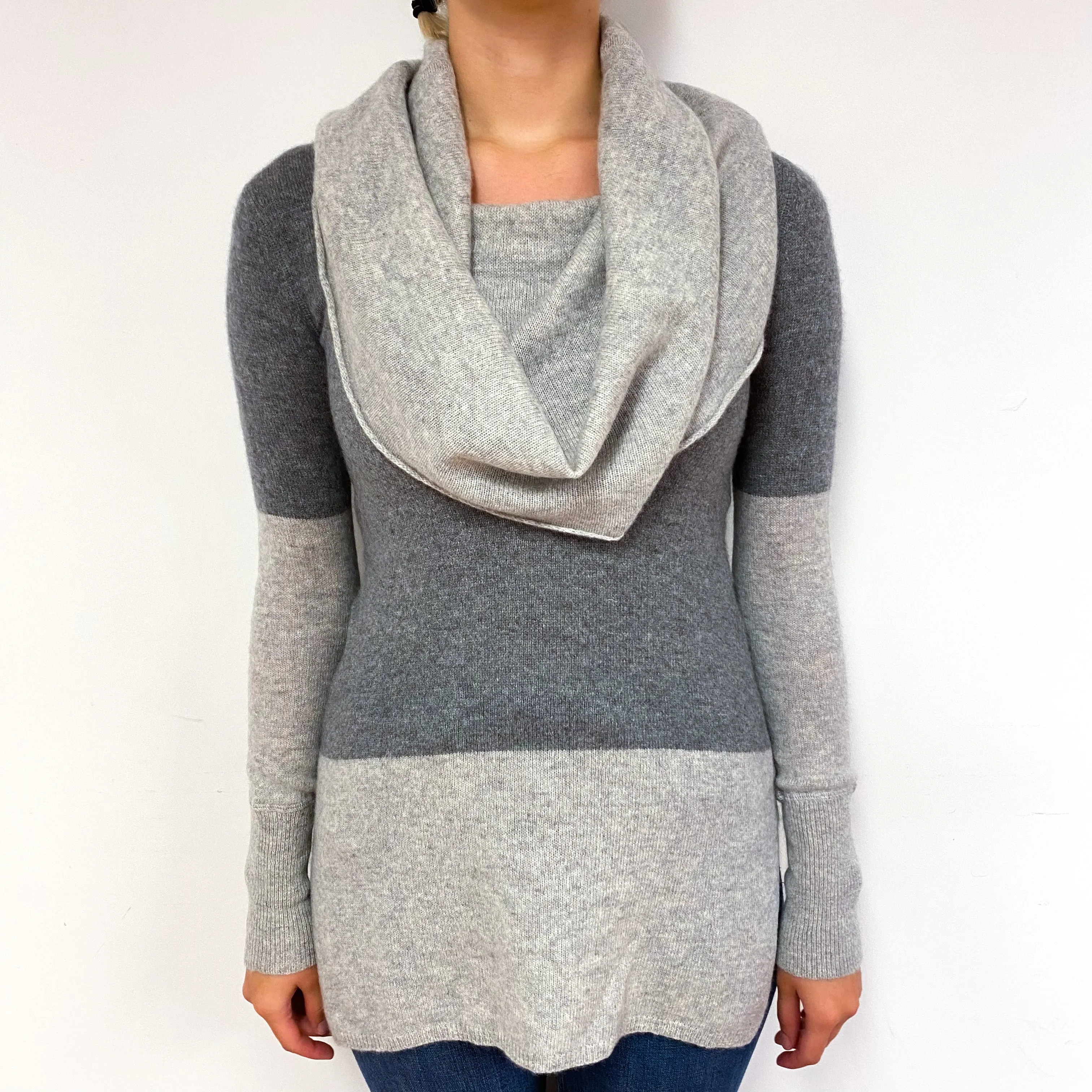 Grey Colour Block Cashmere Cowl Neck Jumper Small