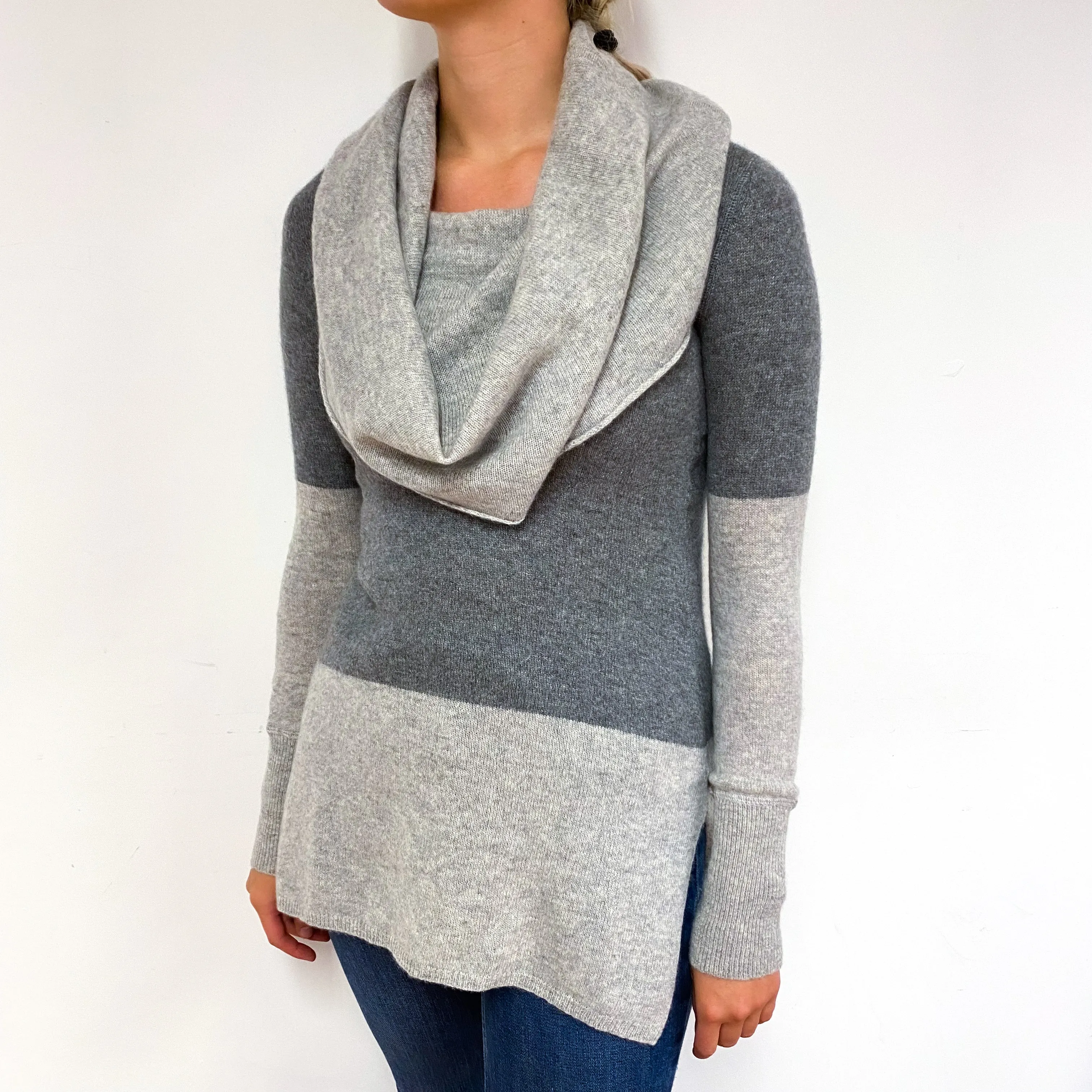Grey Colour Block Cashmere Cowl Neck Jumper Small