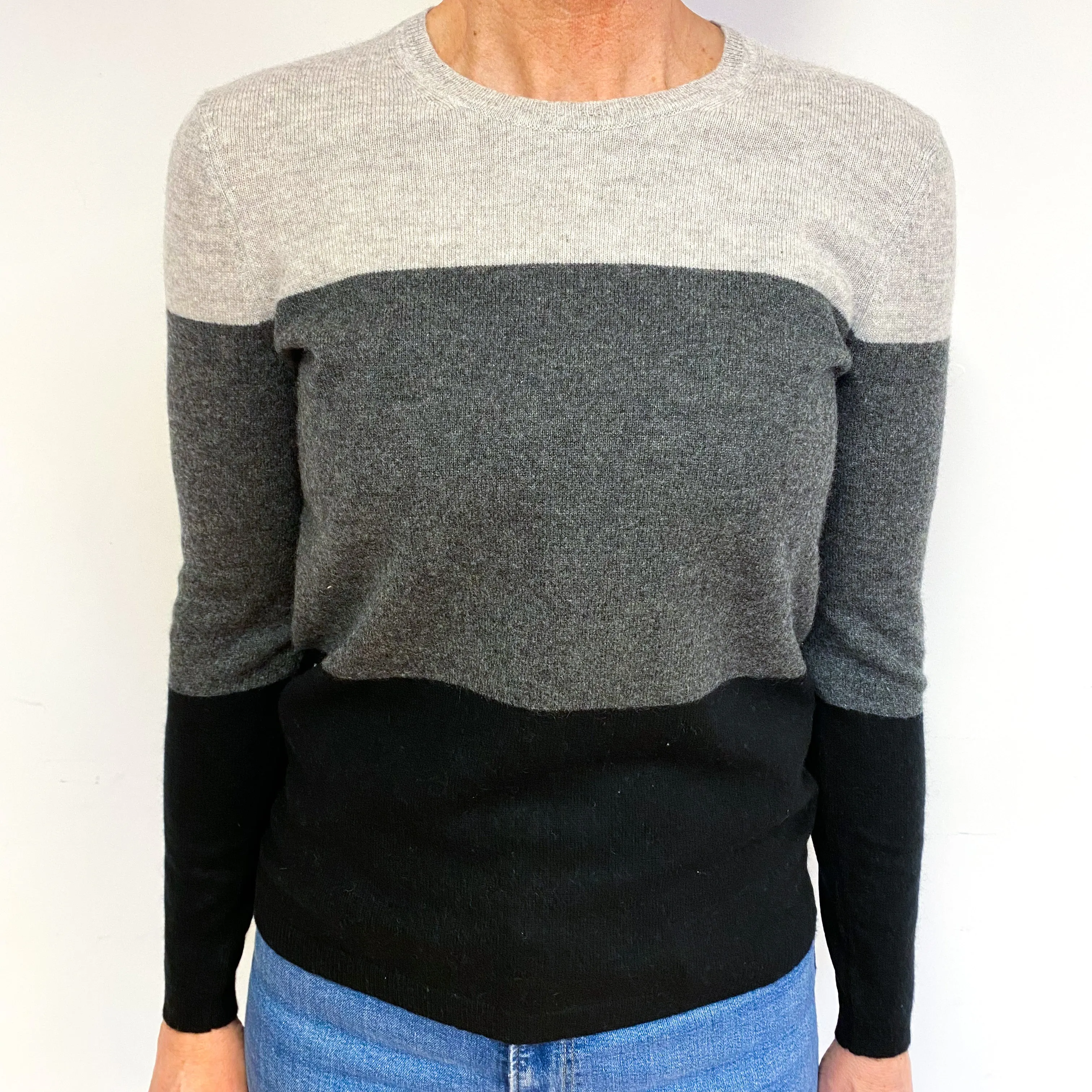 Grey Colour Block Cashmere Crew Neck Jumper Medium