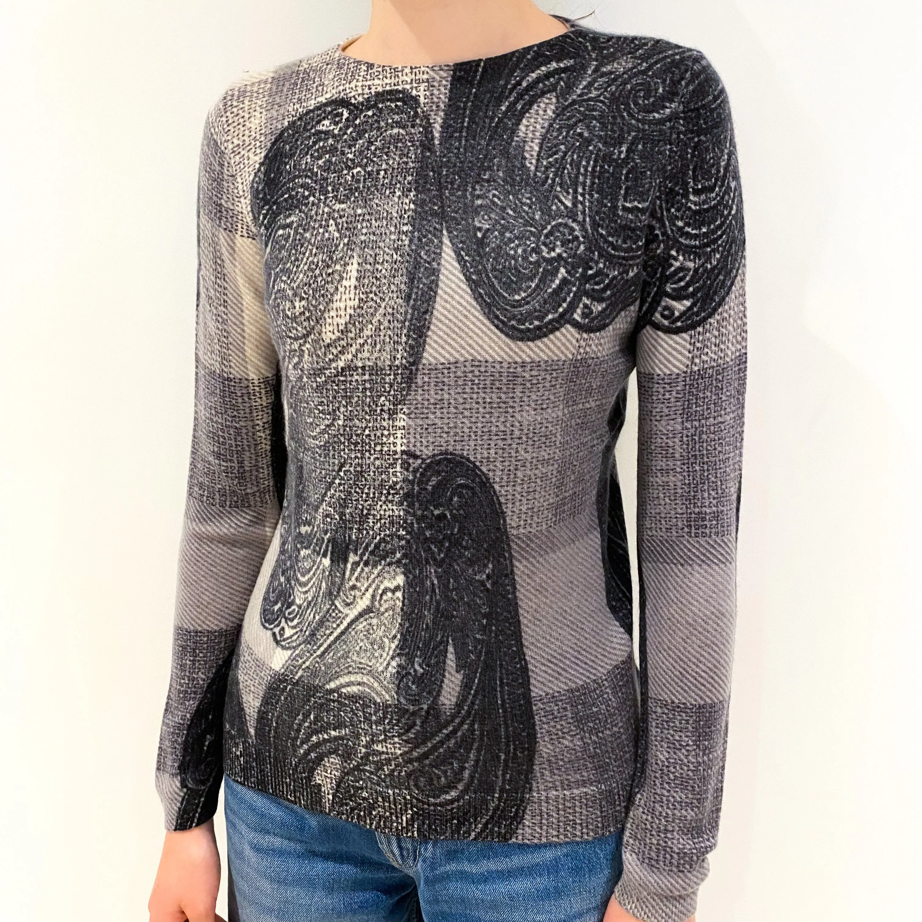 Grey Colour Block with Paisley Cashmere Crew Neck Jumper Extra Small