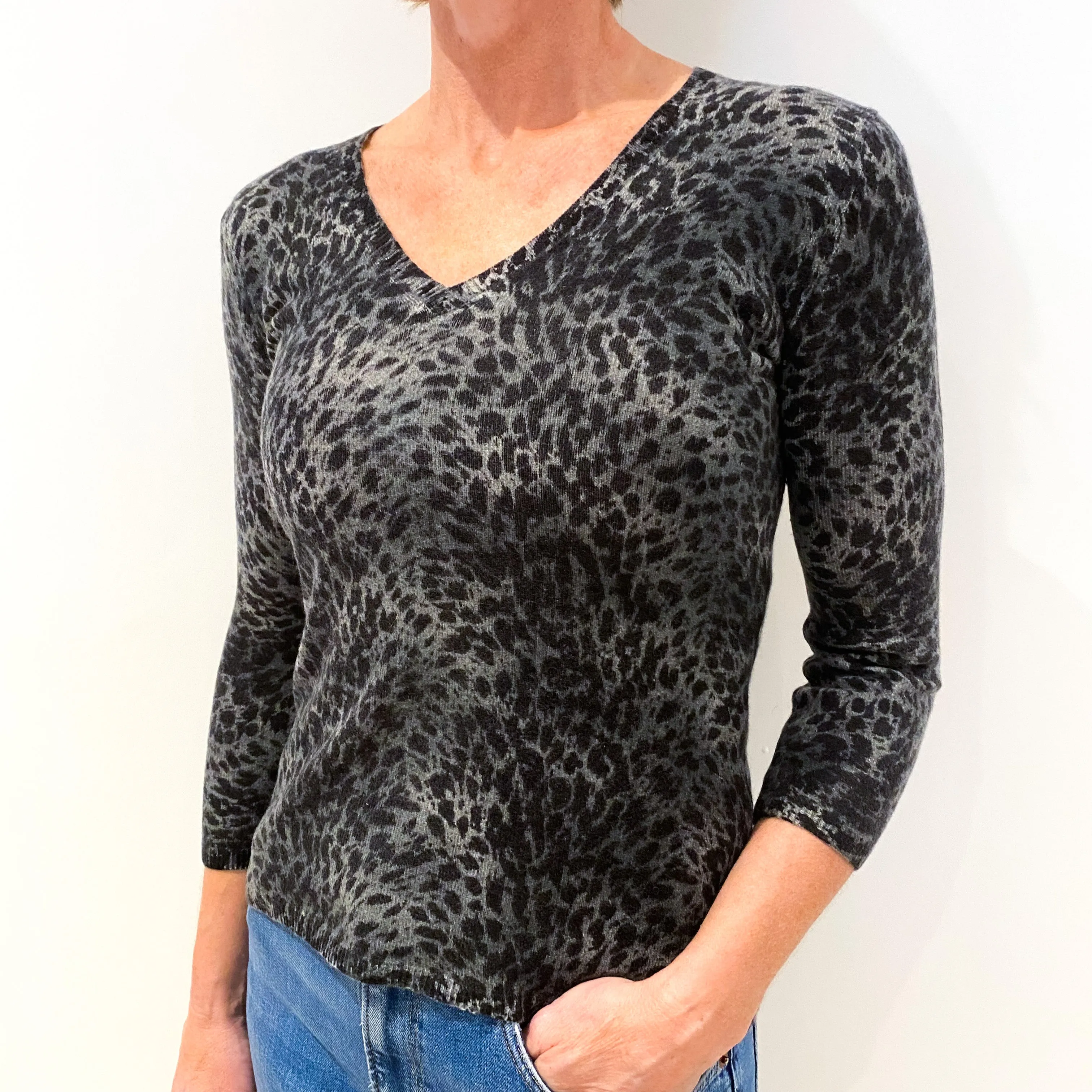 Grey Leopard Print Cashmere V-Neck Jumper Small