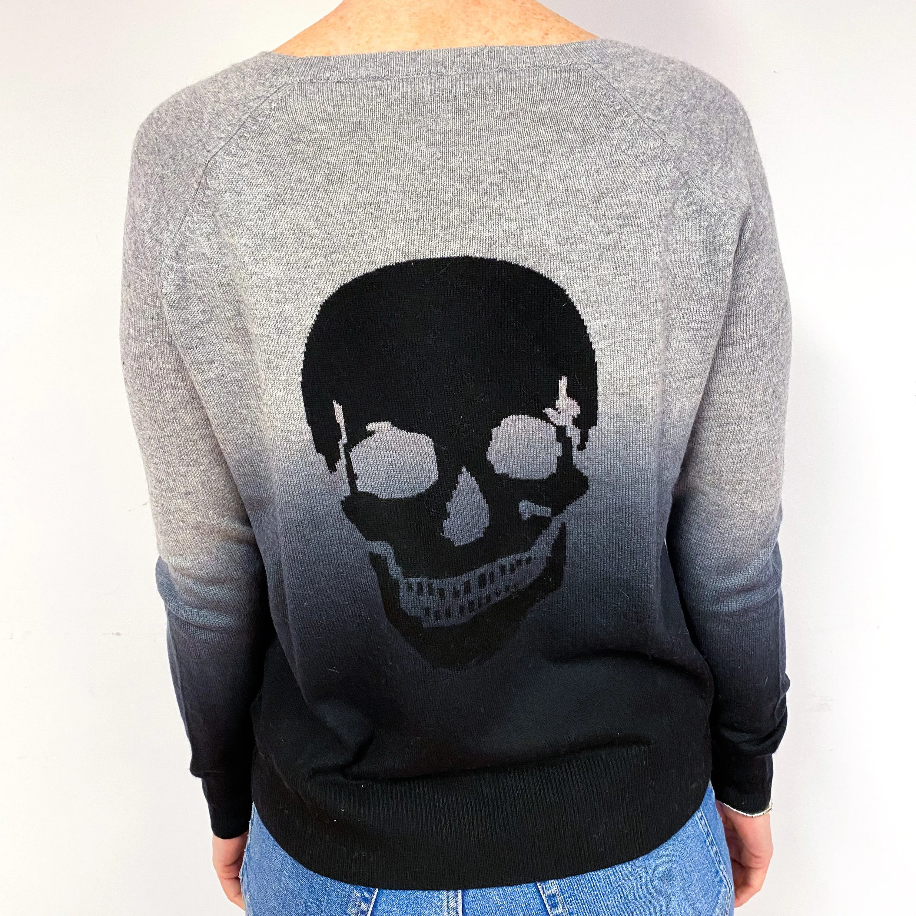 Grey Ombre Skull Motif Cashmere Crew Neck Jumper Medium
