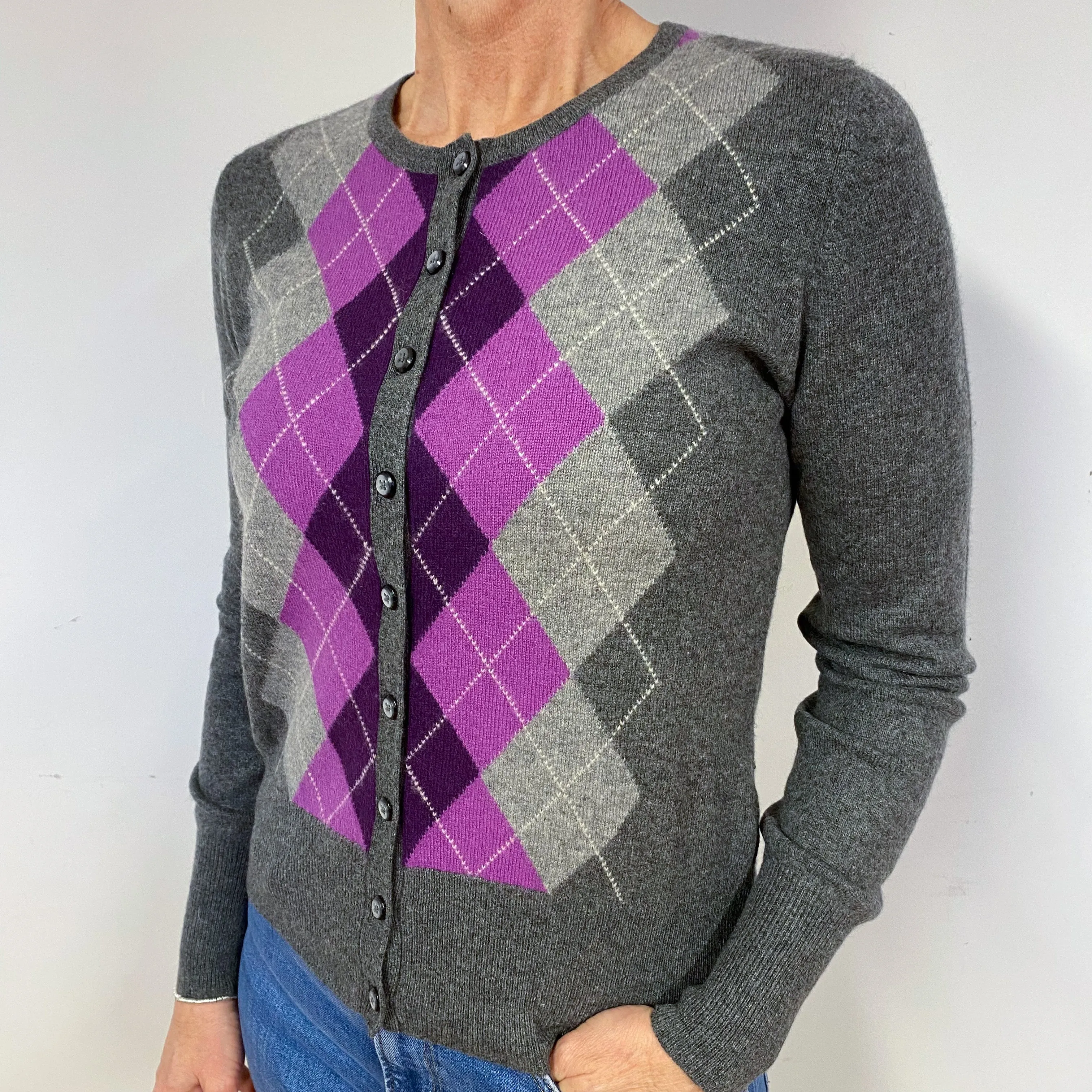 Grey Purple Diamond Cashmere Crew Neck Cardigan Medium