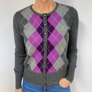 Grey Purple Diamond Cashmere Crew Neck Cardigan Medium