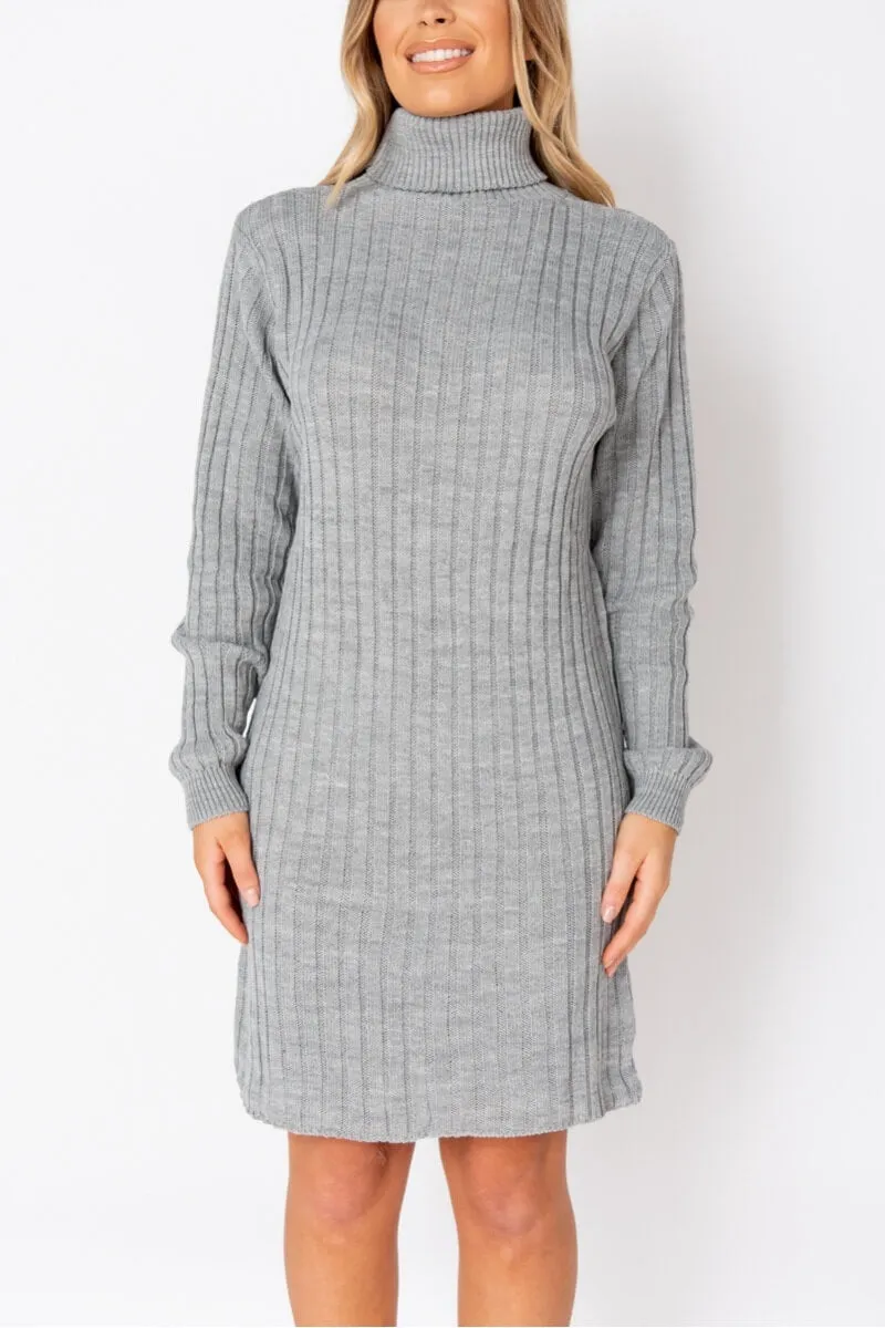 Grey Rib Knit Roll Neck Jumper Dress