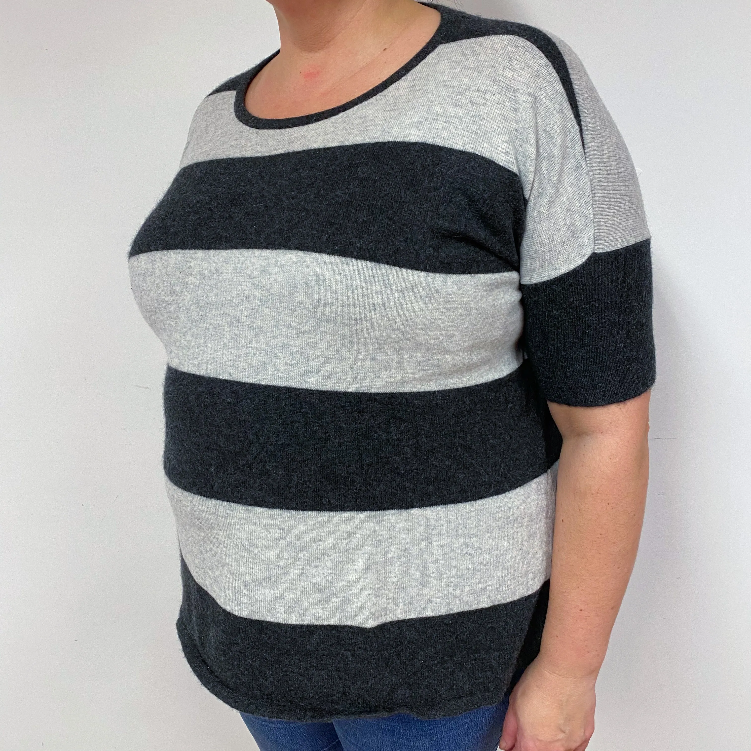 Grey Striped Cashmere Short Sleeved Jumper Extra Large