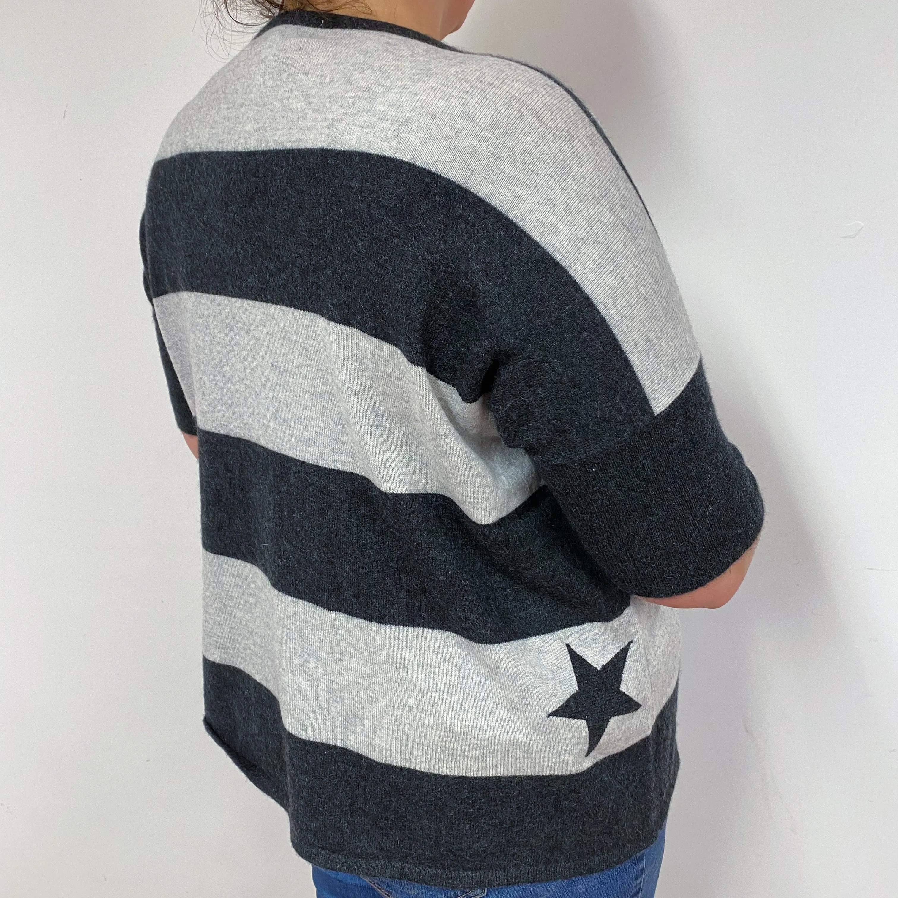 Grey Striped Cashmere Short Sleeved Jumper Extra Large