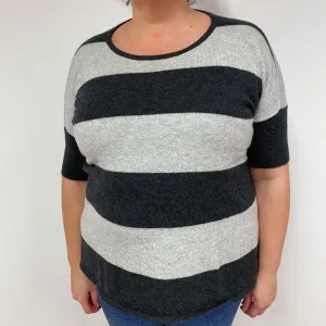 Grey Striped Cashmere Short Sleeved Jumper Extra Large