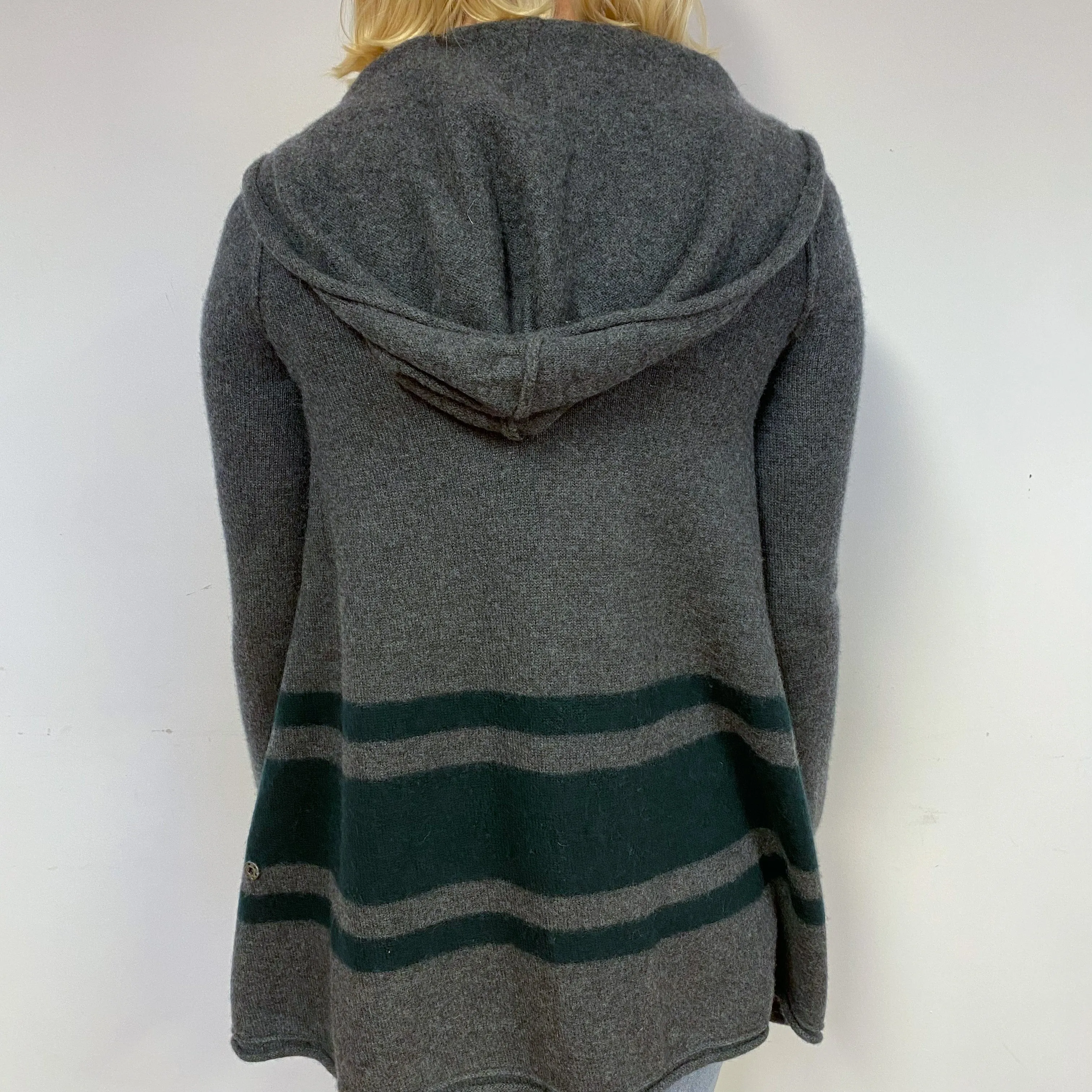 Grey with Black Stripe Cashmere Edge to Edge Cardigan with Hood Small