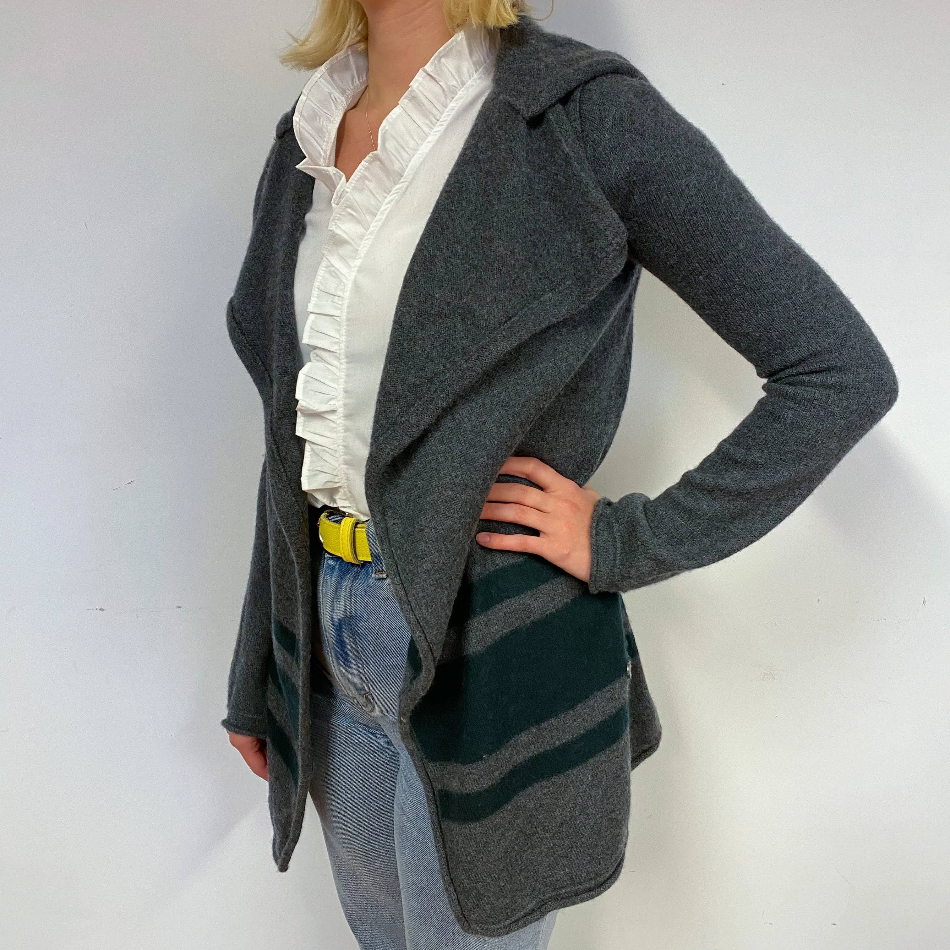 Grey with Black Stripe Cashmere Edge to Edge Cardigan with Hood Small