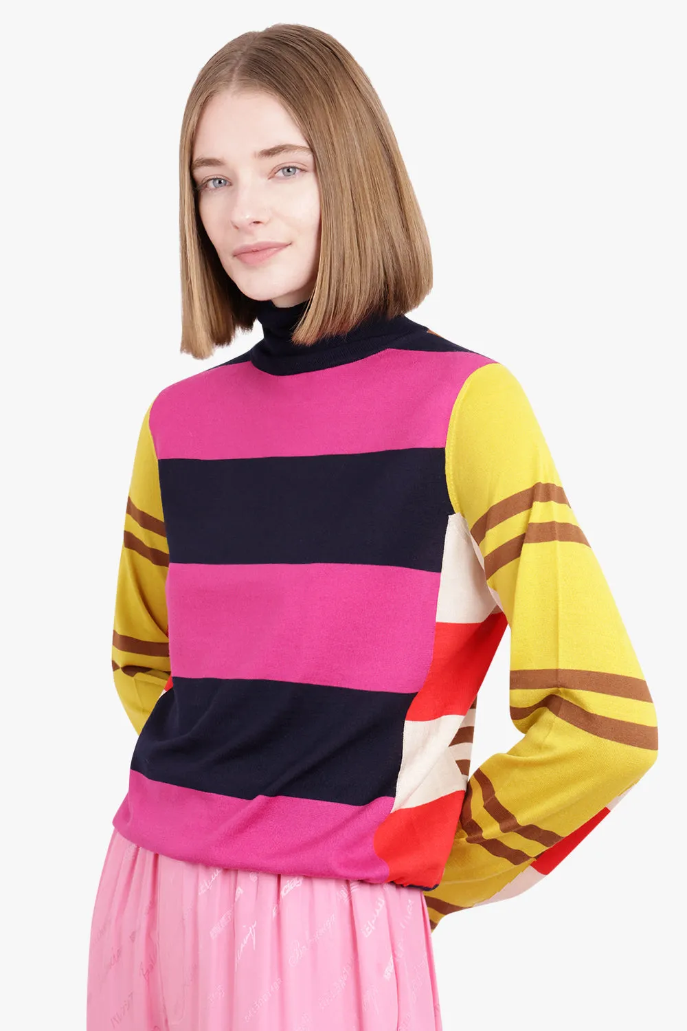HIGH NECK STRIPE KNIT TOP | MULTI