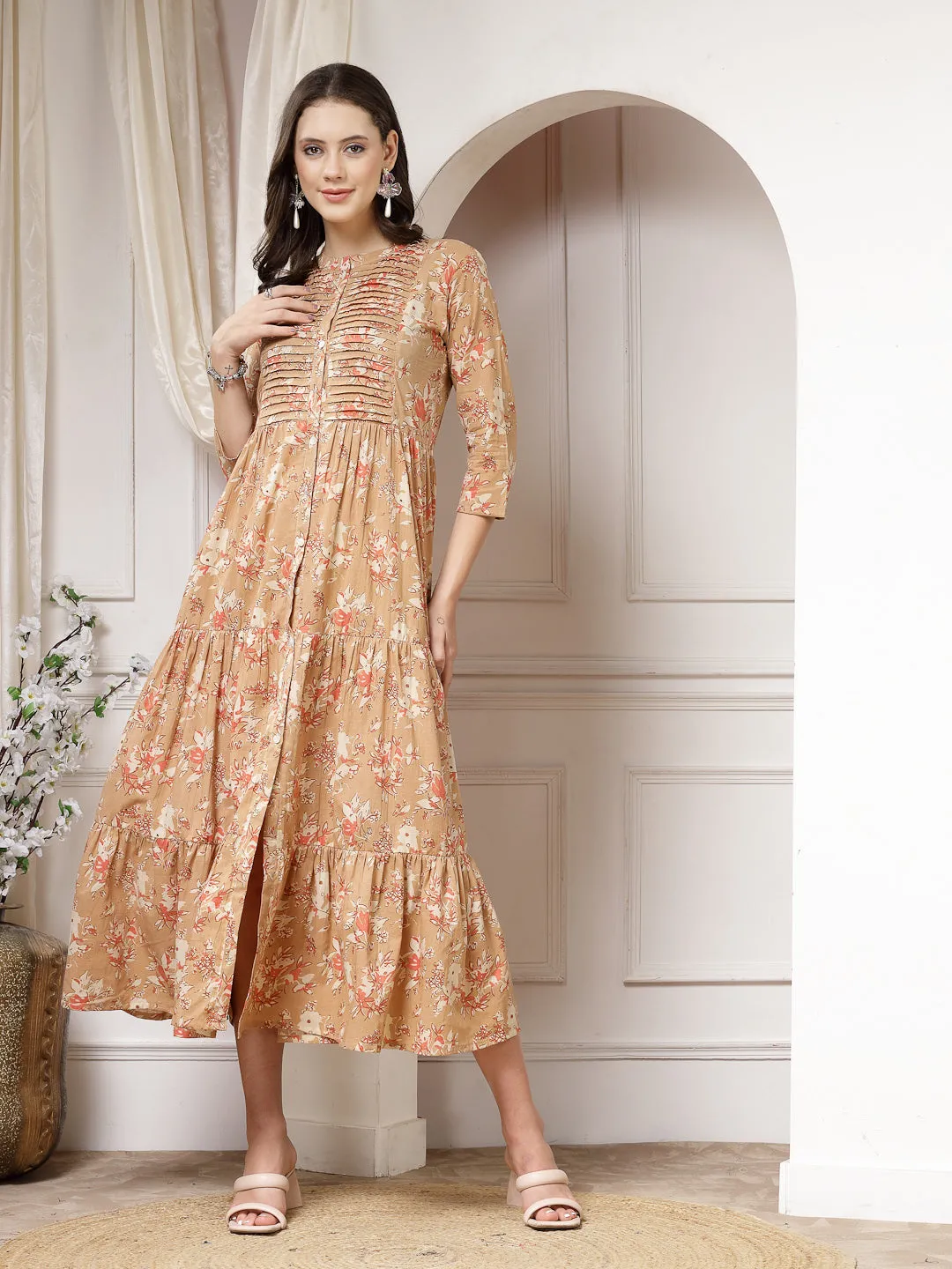 Indibelle Cotton Floral Print Flared Maxi Cape/Shrug (Brown)