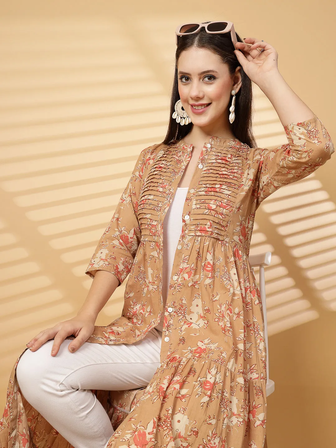 Indibelle Cotton Floral Print Flared Maxi Cape/Shrug (Brown)
