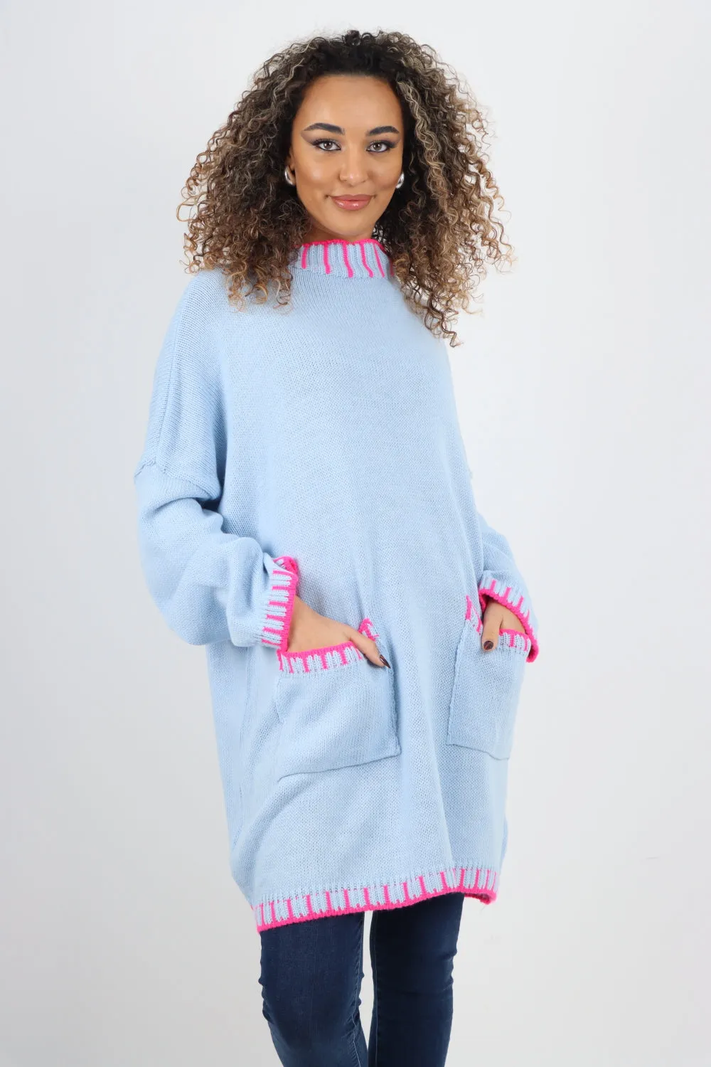 Italian Colour Pop Stich Long Sleeve Knitted Jumper Top