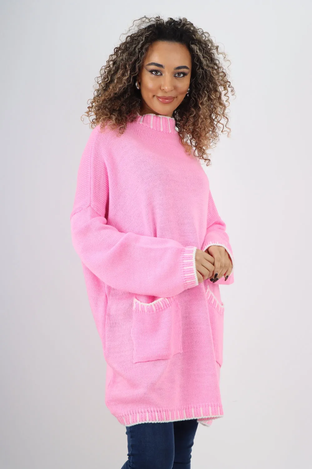 Italian Colour Pop Stich Long Sleeve Knitted Jumper Top