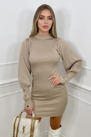 Jada Beige knitted balloon sleeve dress