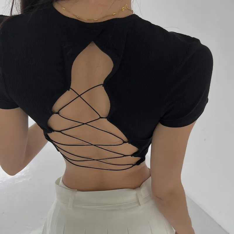 Julien Solid Color Slim Short Sleeve Backless Lace Up Cropped Top
