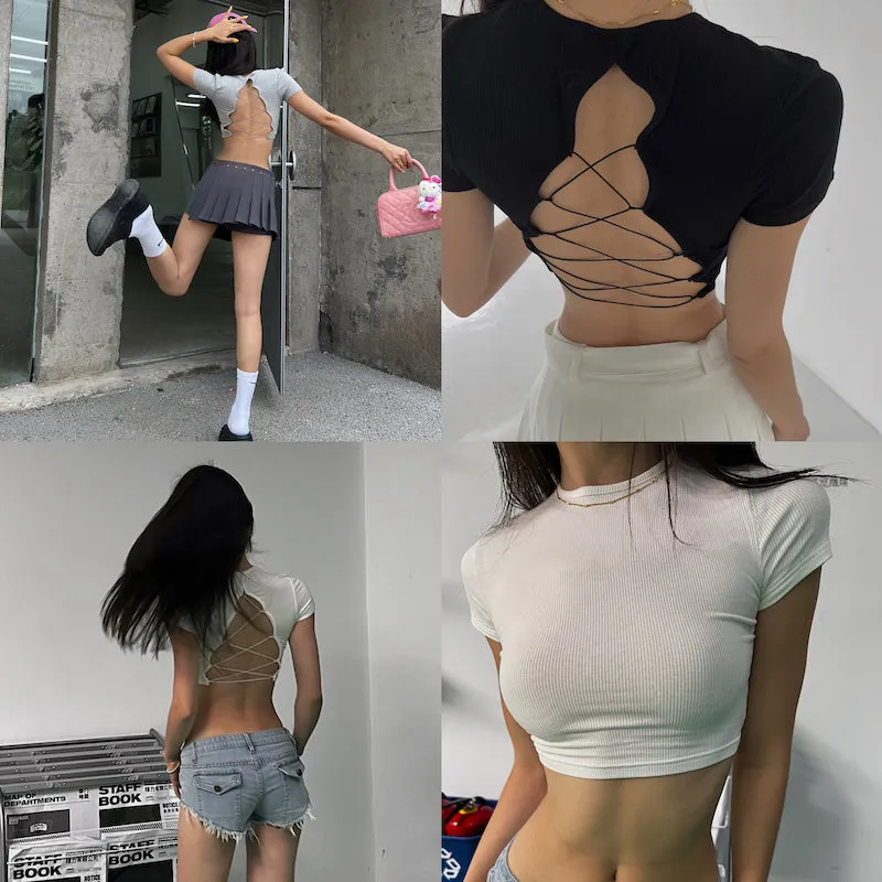 Julien Solid Color Slim Short Sleeve Backless Lace Up Cropped Top