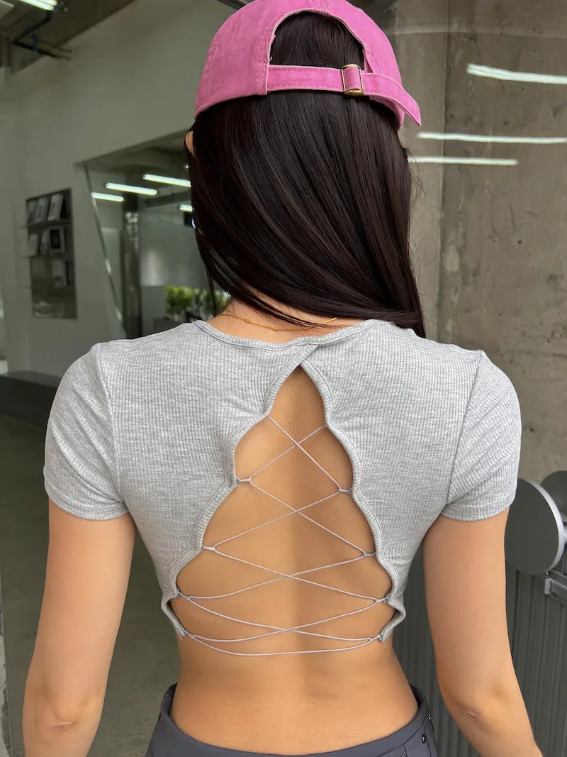 Julien Solid Color Slim Short Sleeve Backless Lace Up Cropped Top