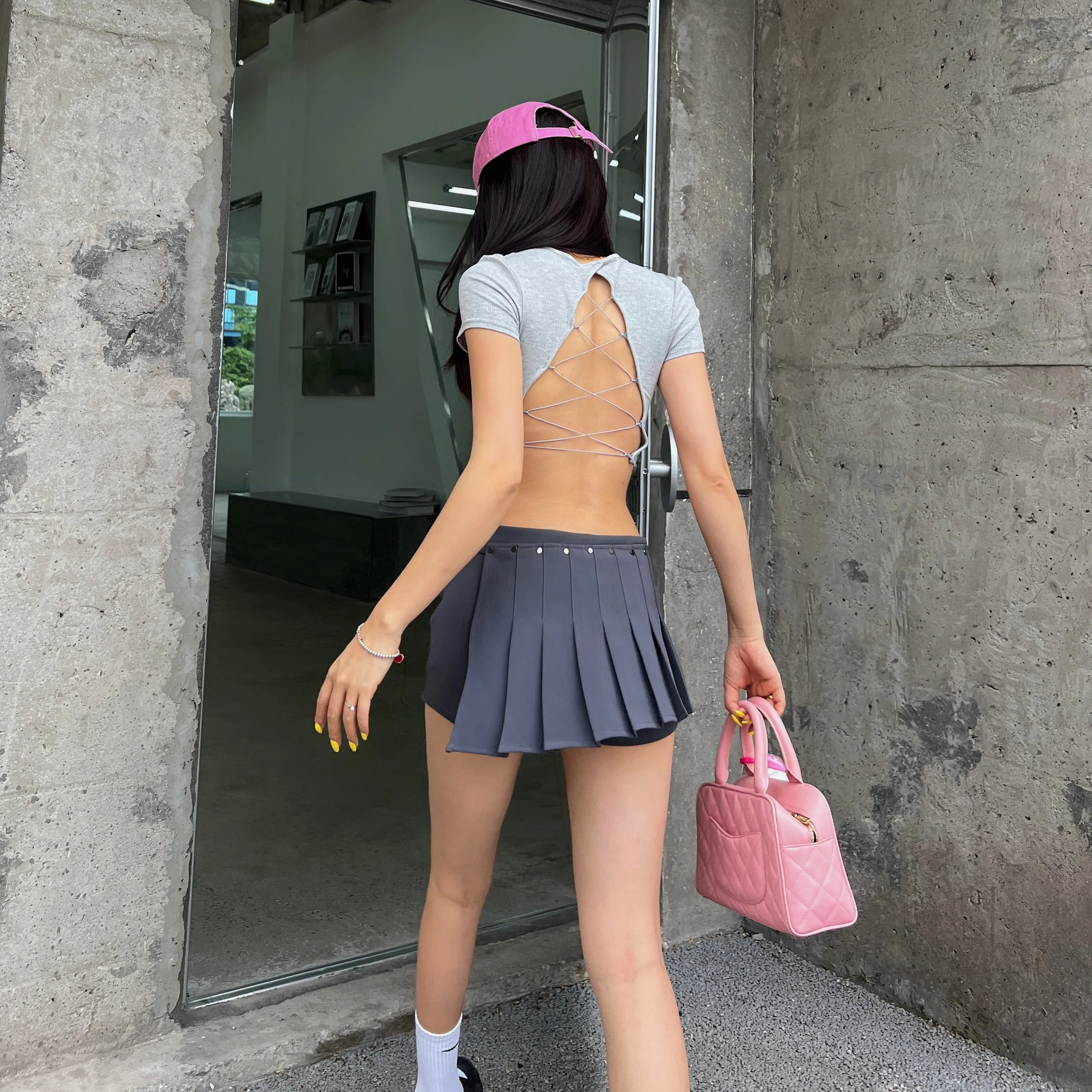 Julien Solid Color Slim Short Sleeve Backless Lace Up Cropped Top