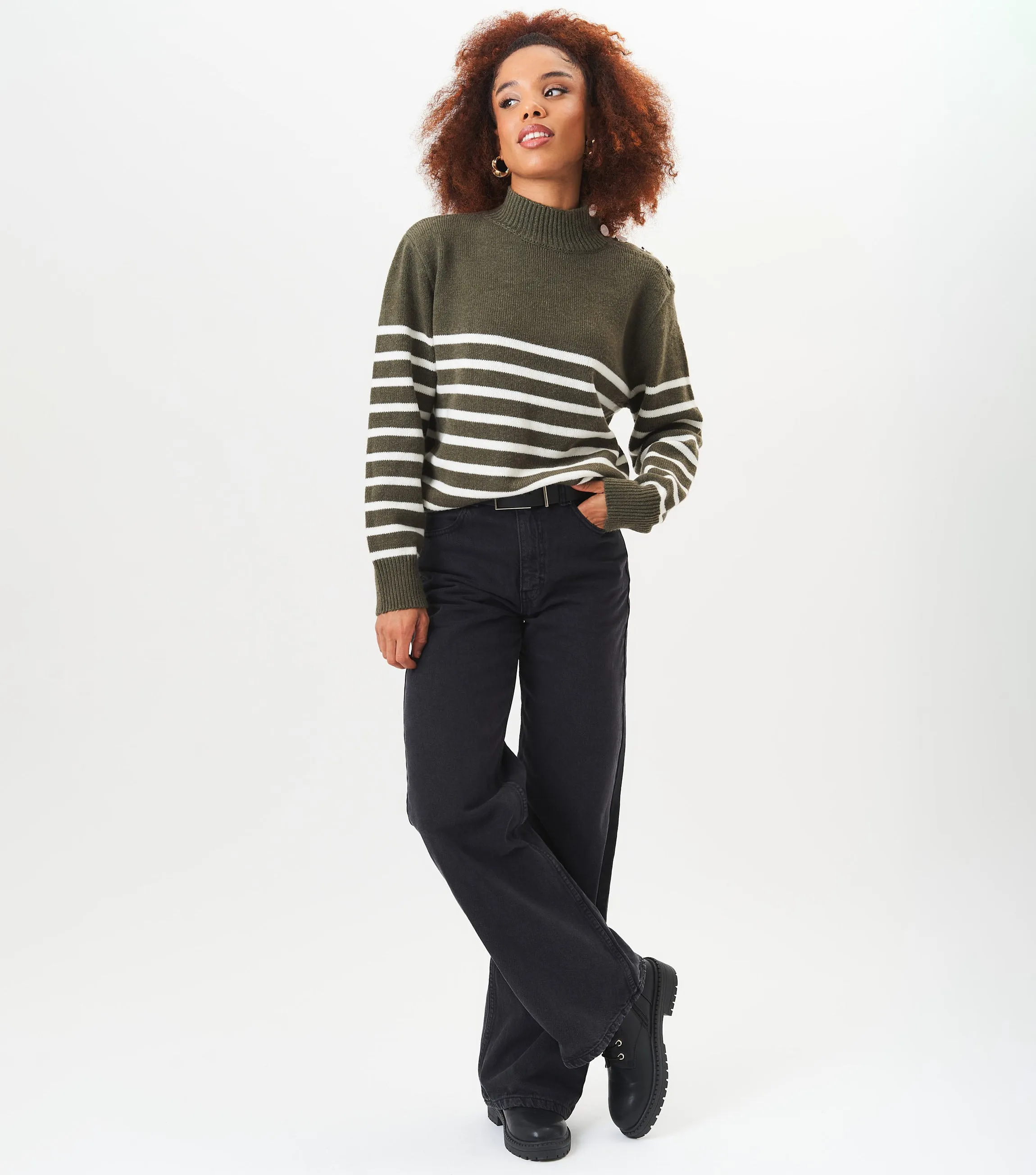Khaki High Neck Stripe Oversized Jumper