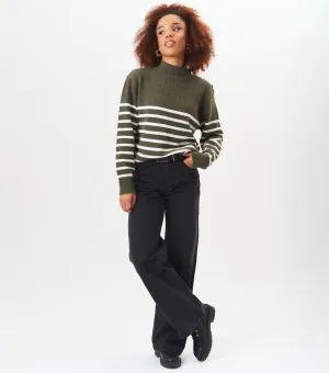 Khaki High Neck Stripe Oversized Jumper
