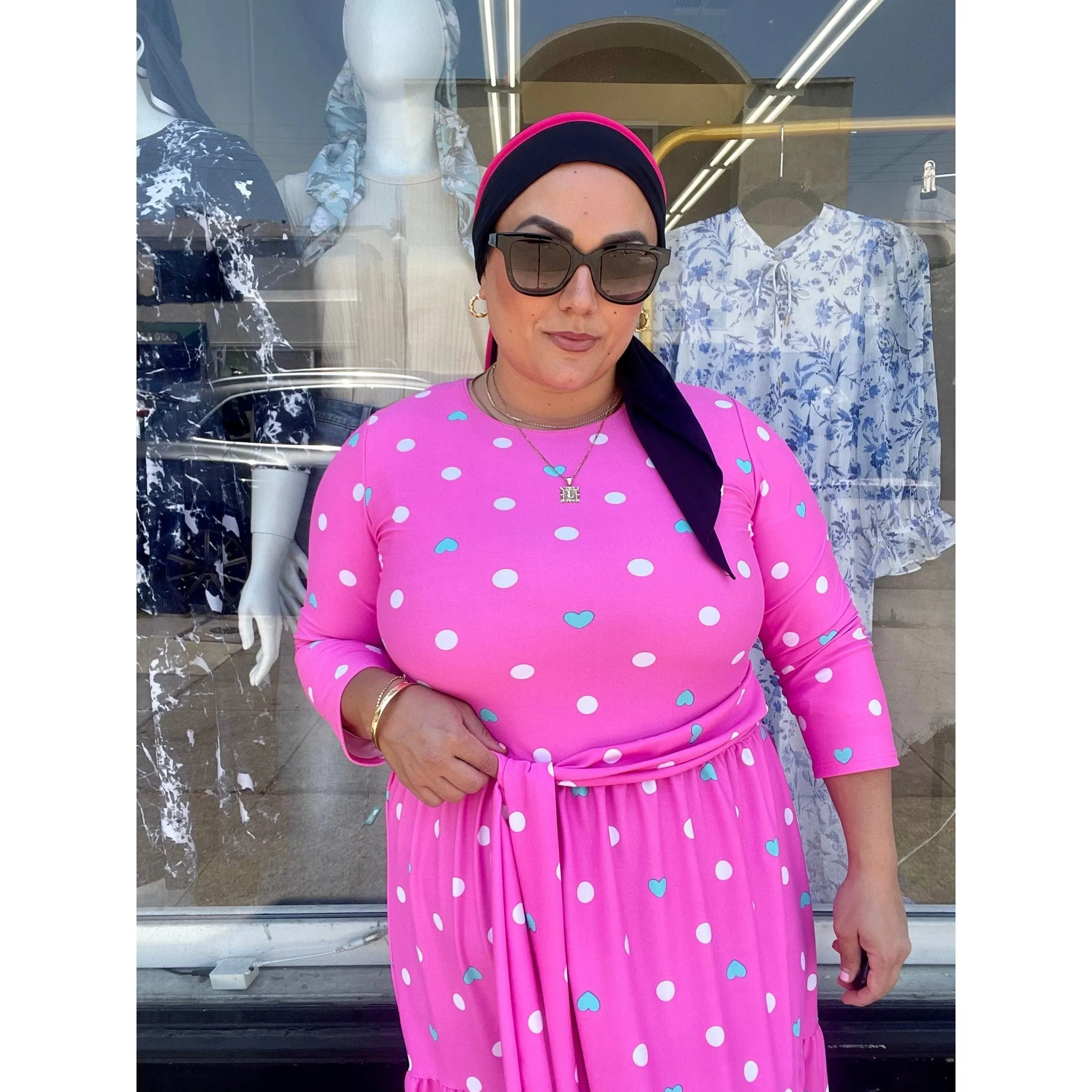 Ladies Modest Tiered Swim Dress - Pink Print, Sizes S-XL