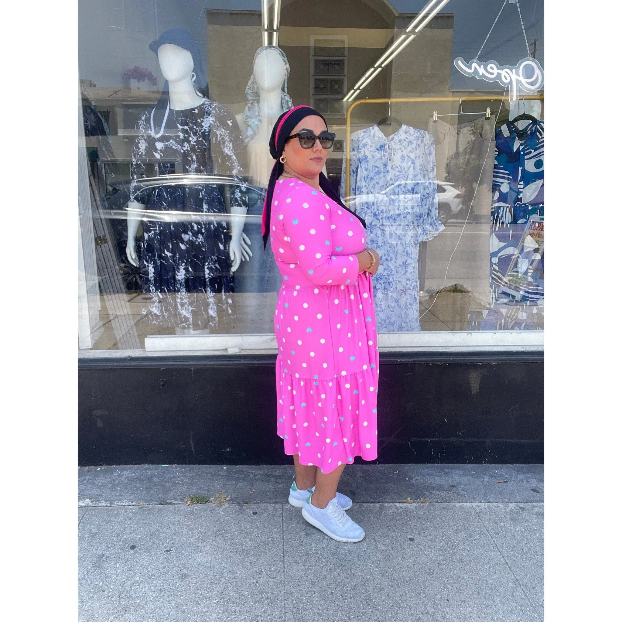 Ladies Modest Tiered Swim Dress - Pink Print, Sizes S-XL