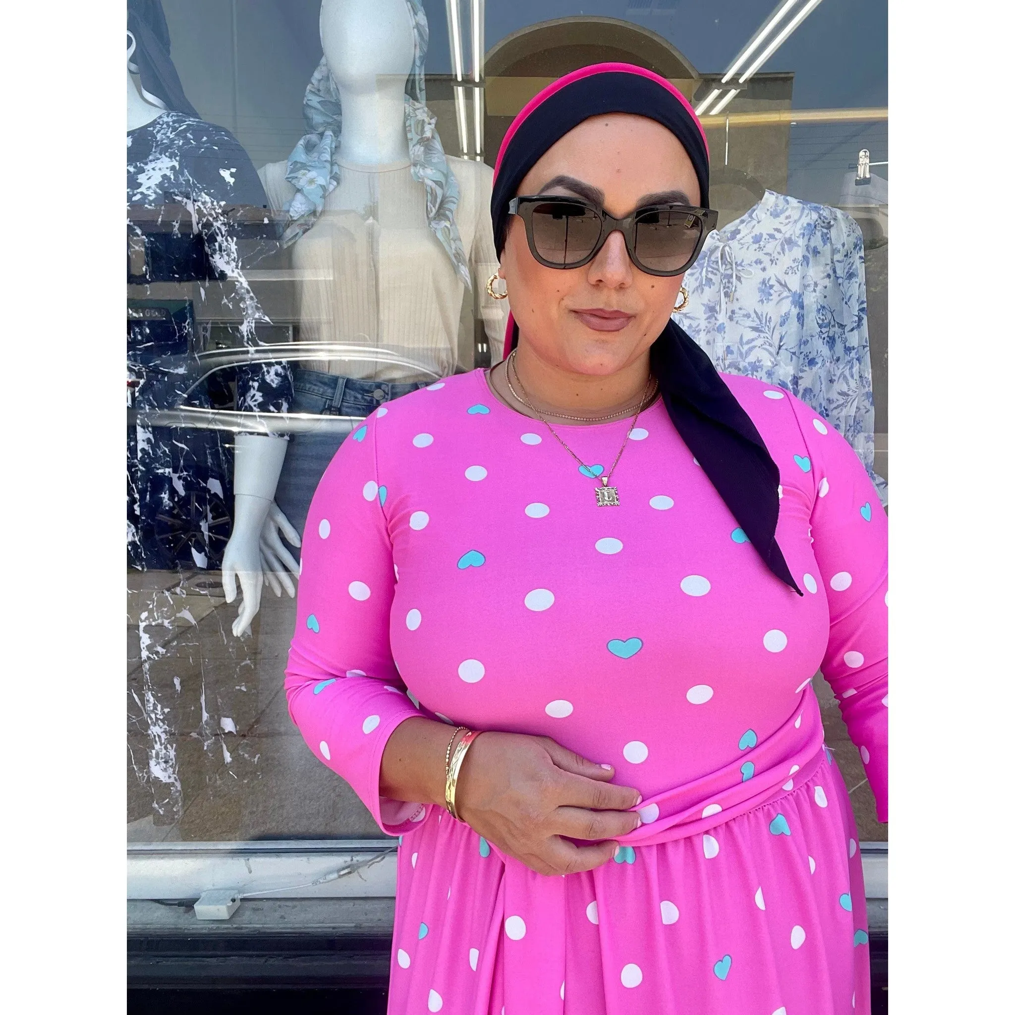 Ladies Modest Tiered Swim Dress - Pink Print, Sizes S-XL