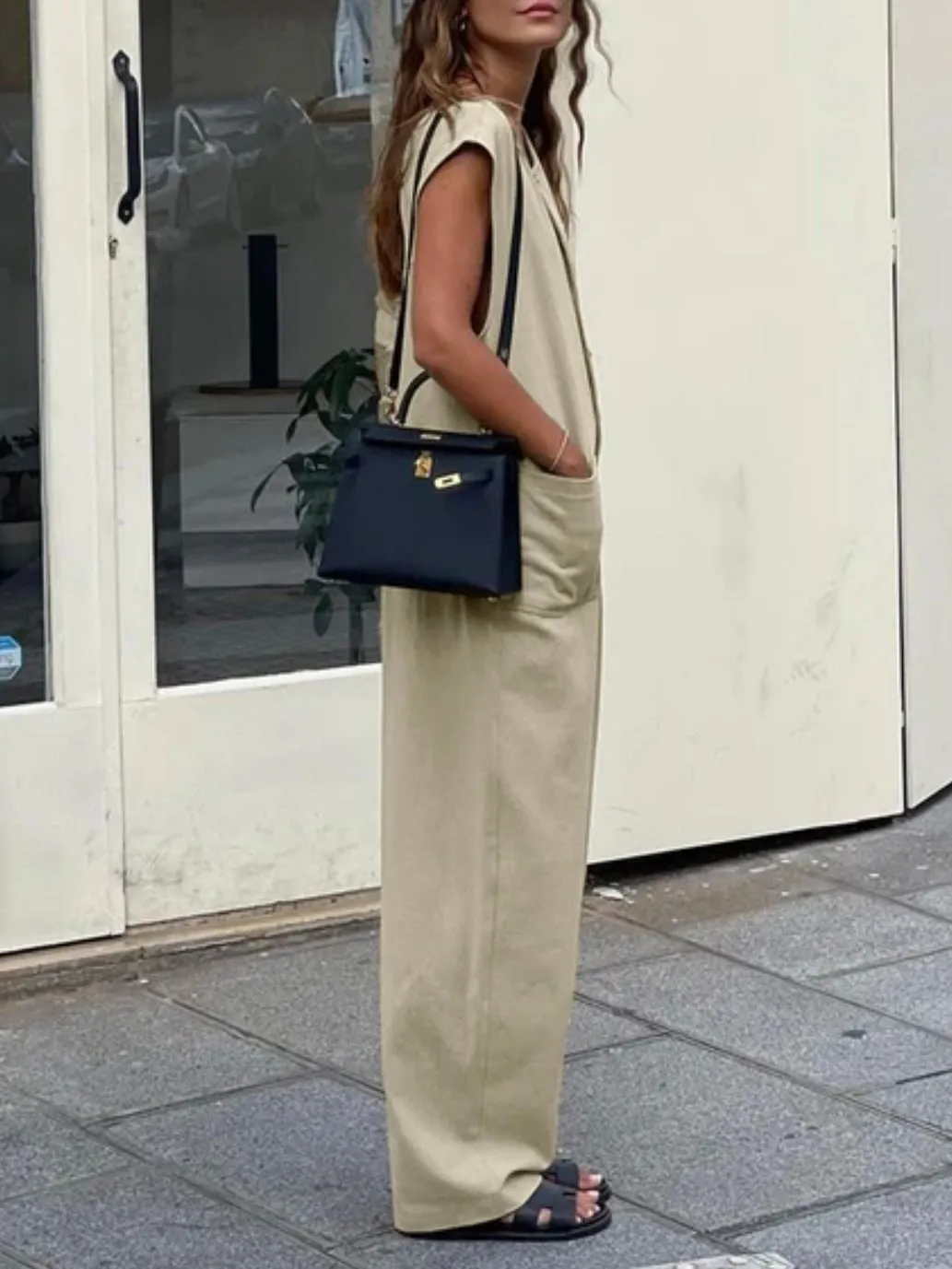 Light coffee sleeveless jumpsuit