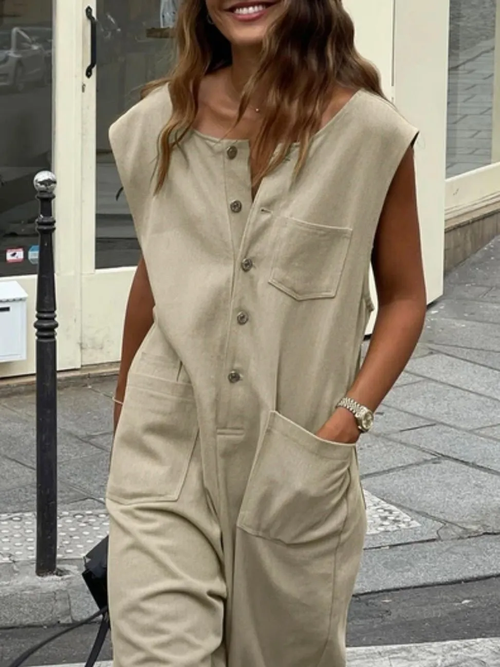 Light coffee sleeveless jumpsuit