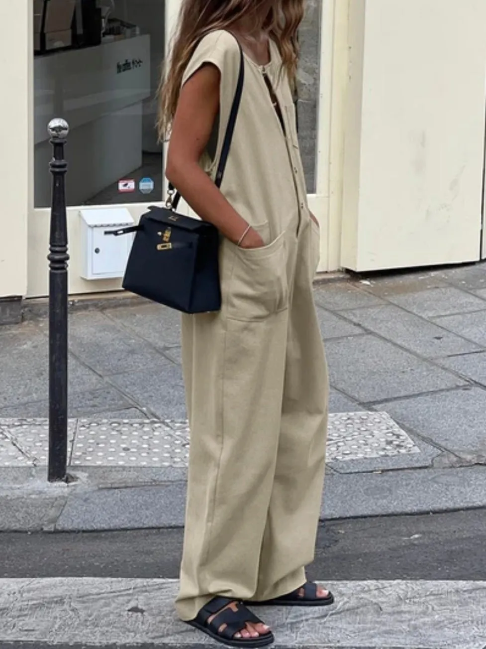 Light coffee sleeveless jumpsuit