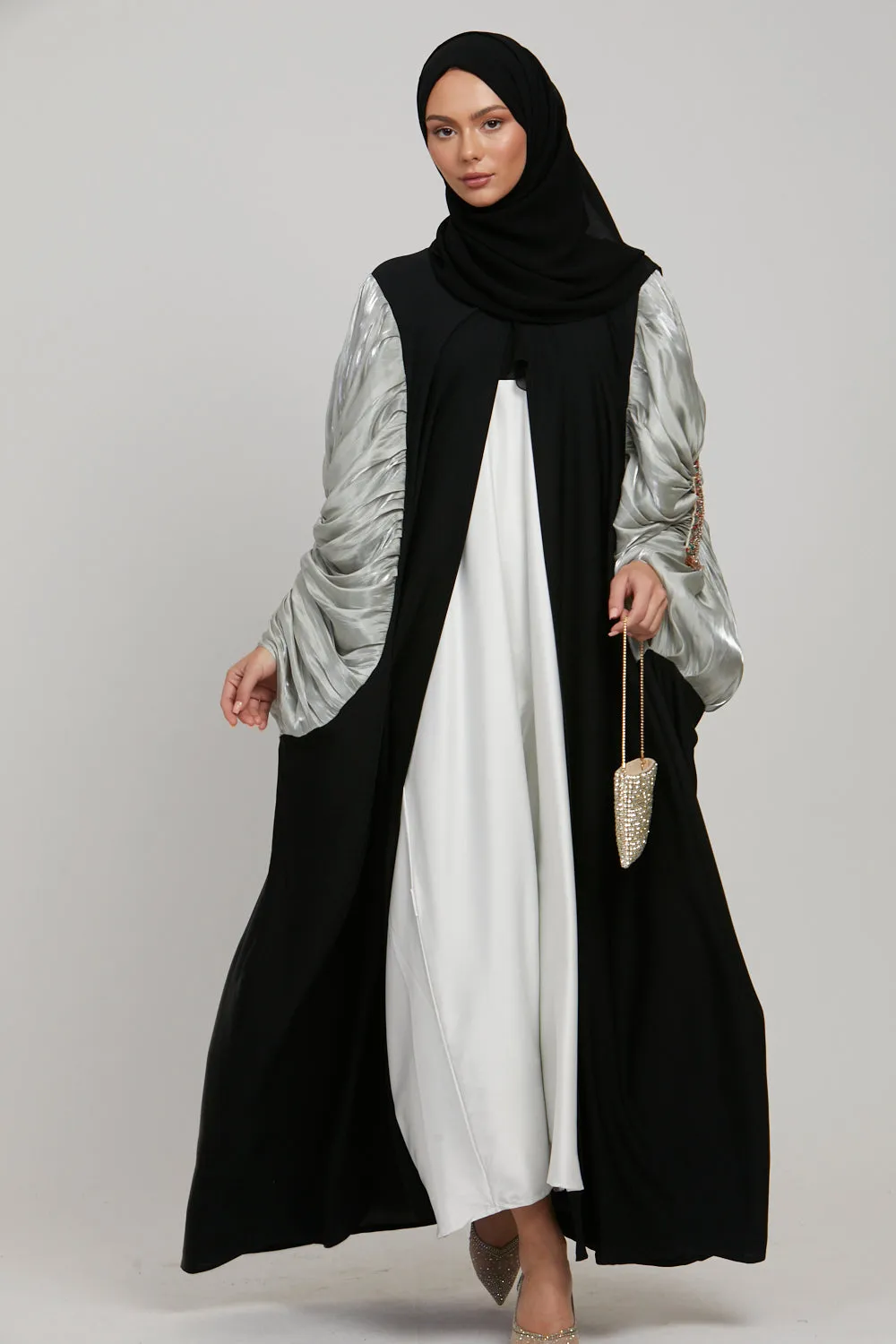 Luxury Embellished Twilight Black Cape with Pleated Organza - Frosted Mint