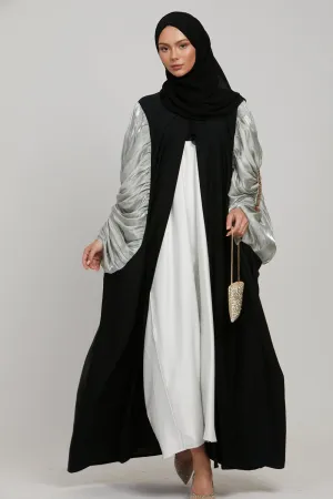 Luxury Embellished Twilight Black Cape with Pleated Organza - Frosted Mint