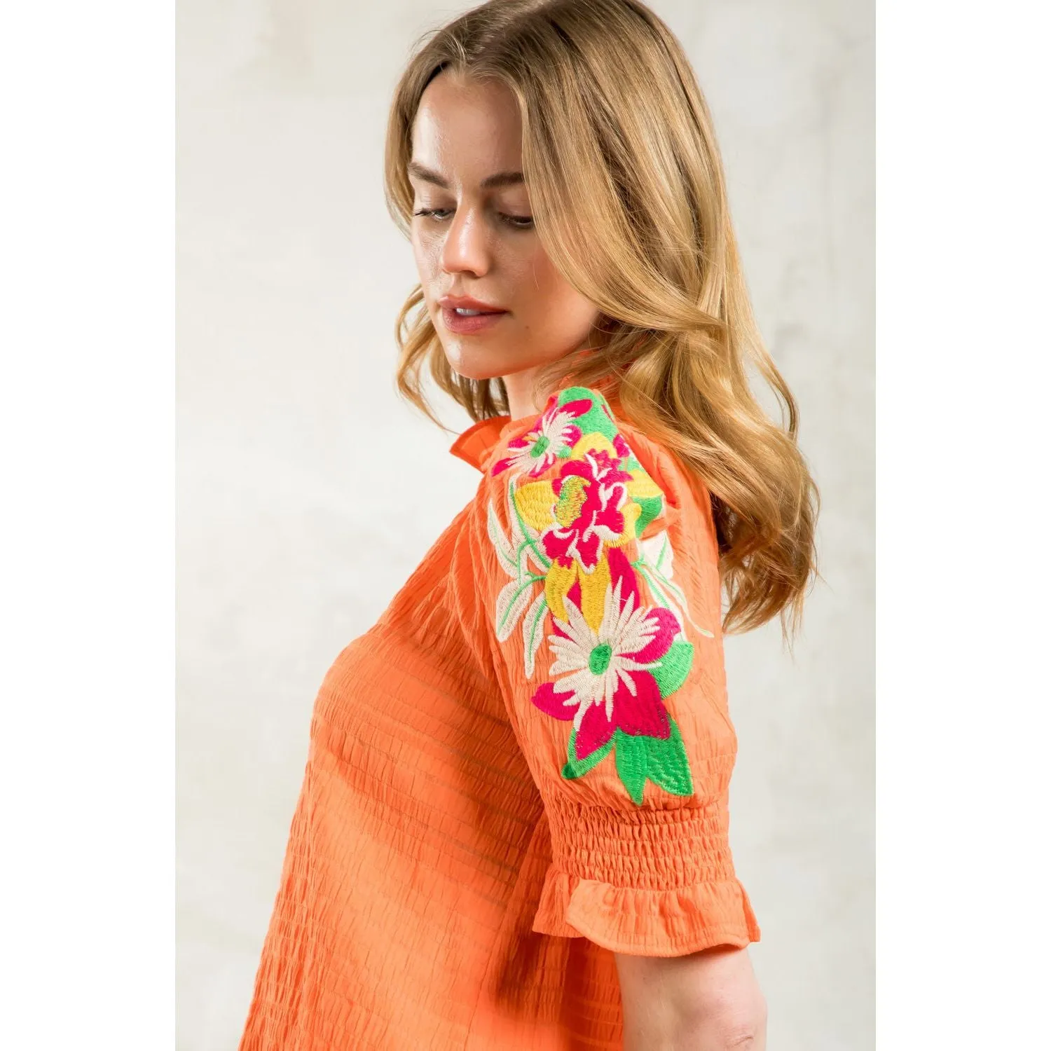 Marlo Embroidered Puff Sleeve Textured THML Top- SALE