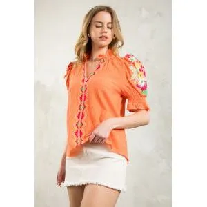Marlo Embroidered Puff Sleeve Textured THML Top- SALE