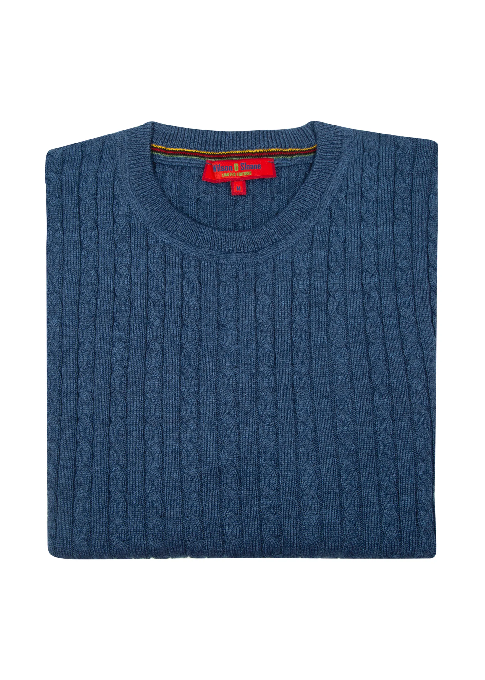 Men's Indigo Mildura Wool Cable Knit Crew Neck Jumper