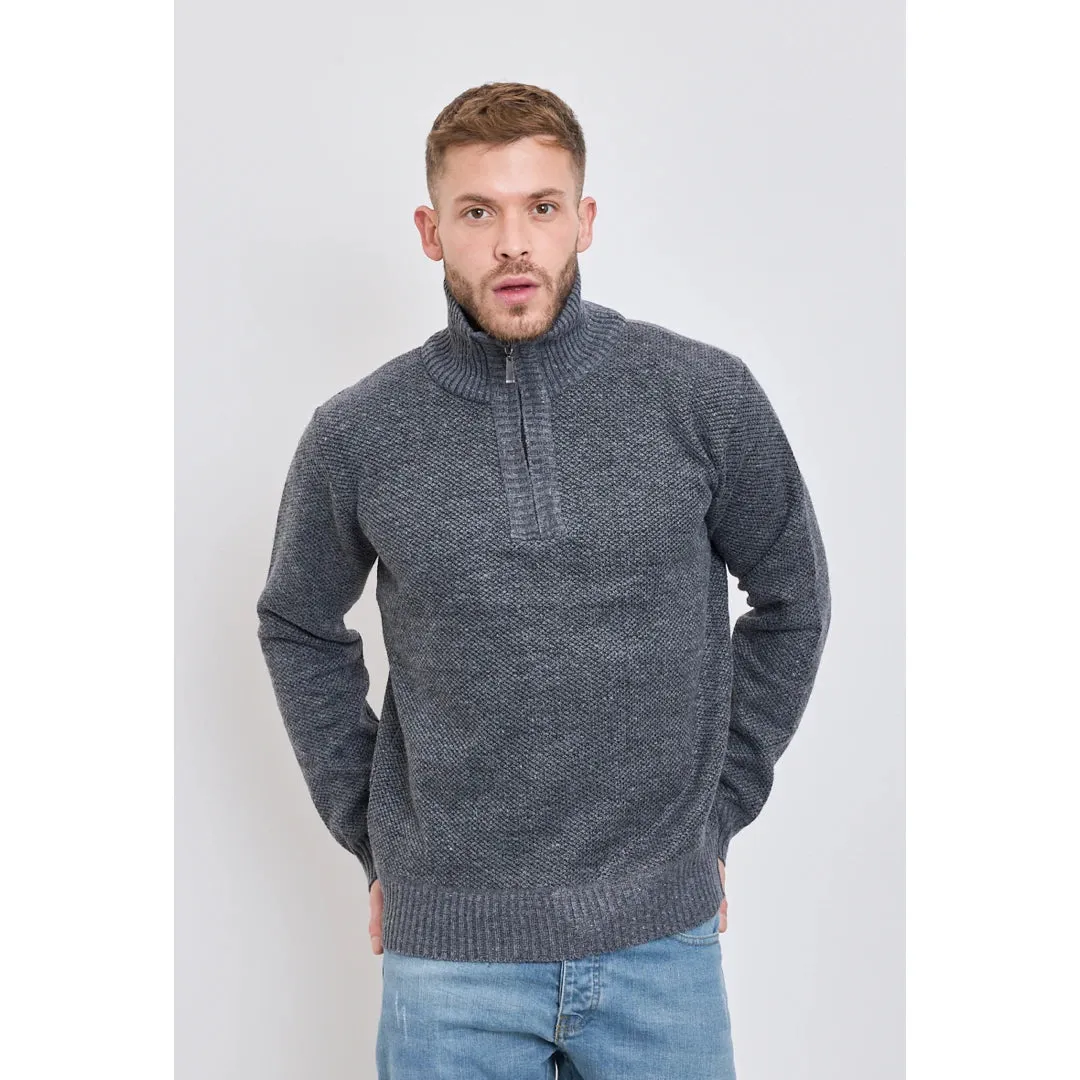 Men's Jumper Fleece Fur Lined Pullover Knitted Warm Winter Half Zip