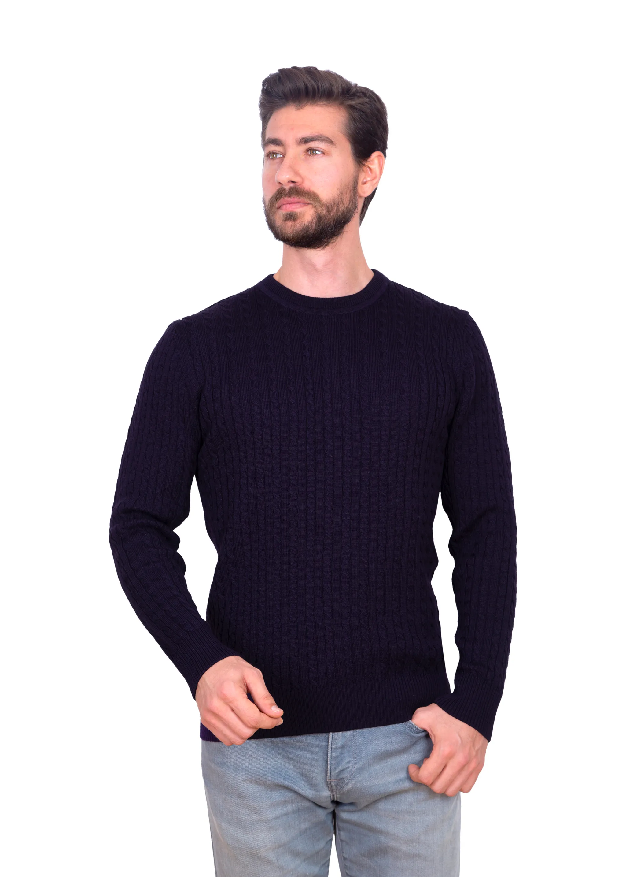 Men's Mulberry Purple Mildura WoolCable Knit Crew Neck Jumper