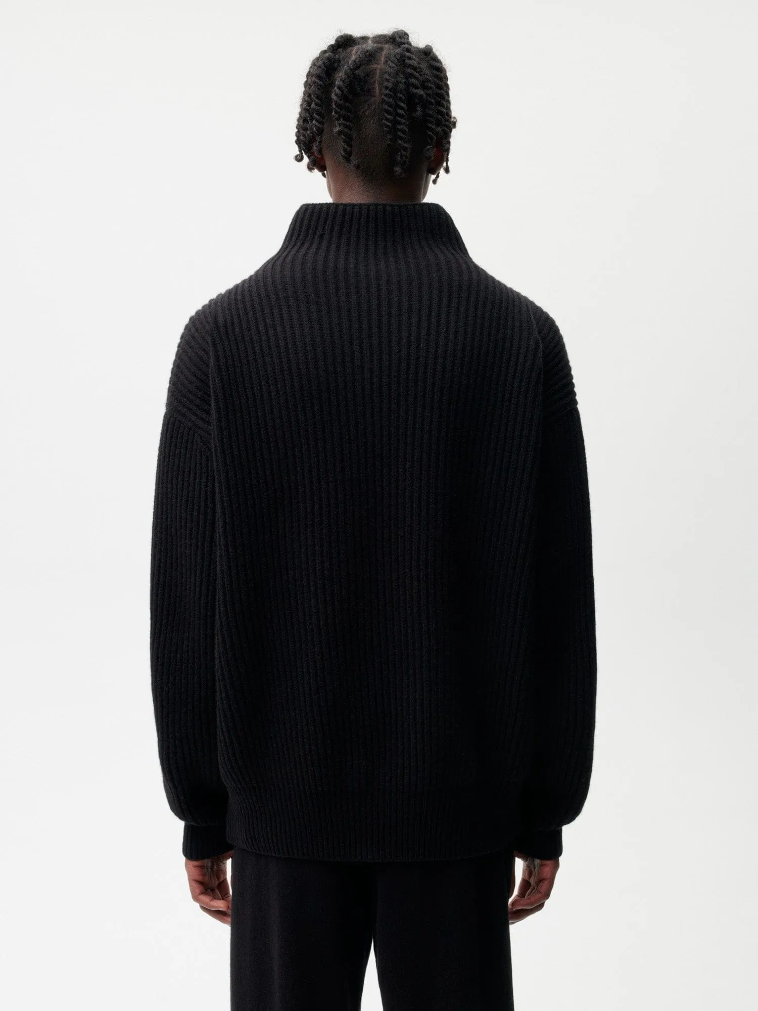 Mens Recycled Cashmere Funnel-Neck Sweater—black