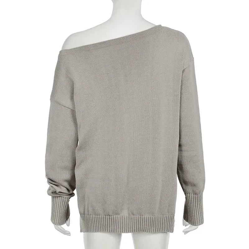Metaversmall Vintage Graphic Printed Loose Autumn Sweater Female Knitting Skew Collar Warm Streetwear Pullover Y2K Jumper Outfits
