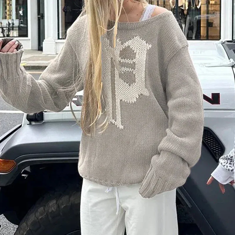 Metaversmall Vintage Graphic Printed Loose Autumn Sweater Female Knitting Skew Collar Warm Streetwear Pullover Y2K Jumper Outfits