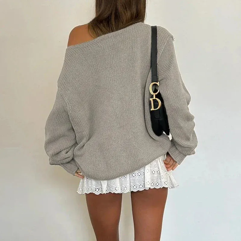 Metaversmall Vintage Graphic Printed Loose Autumn Sweater Female Knitting Skew Collar Warm Streetwear Pullover Y2K Jumper Outfits