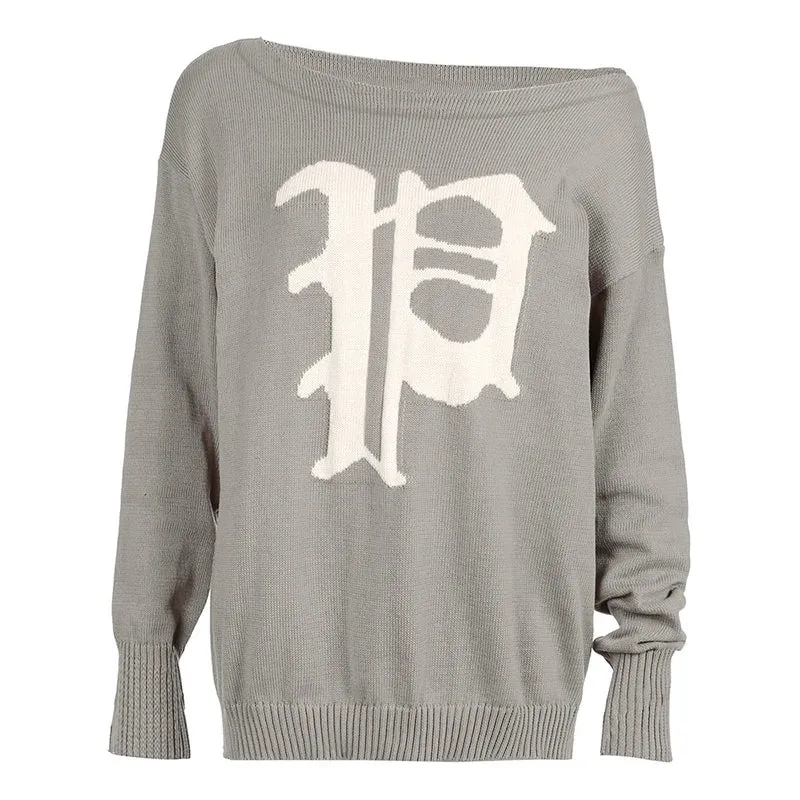 Metaversmall Vintage Graphic Printed Loose Autumn Sweater Female Knitting Skew Collar Warm Streetwear Pullover Y2K Jumper Outfits