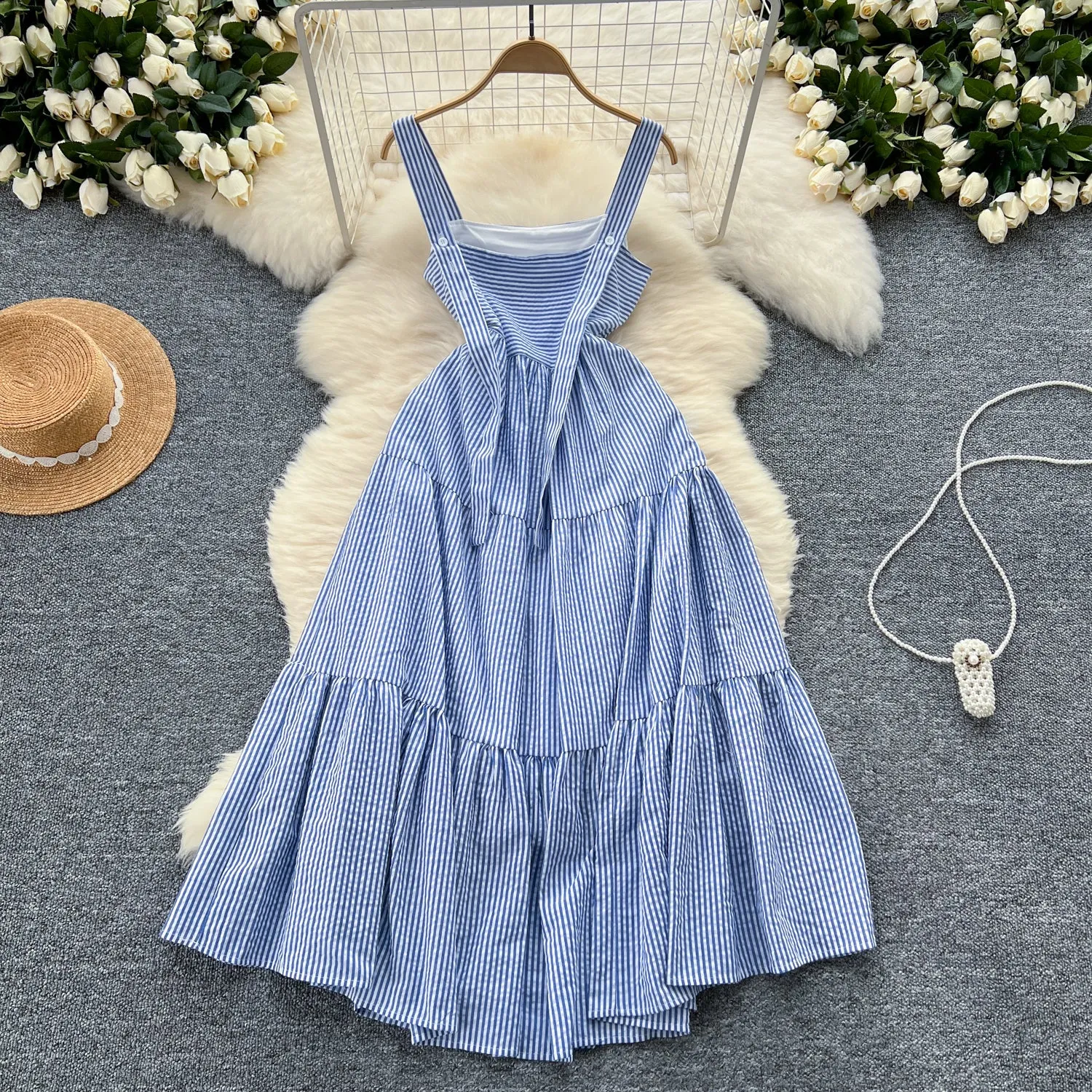 Mori Blue&White Striped Slip Dress