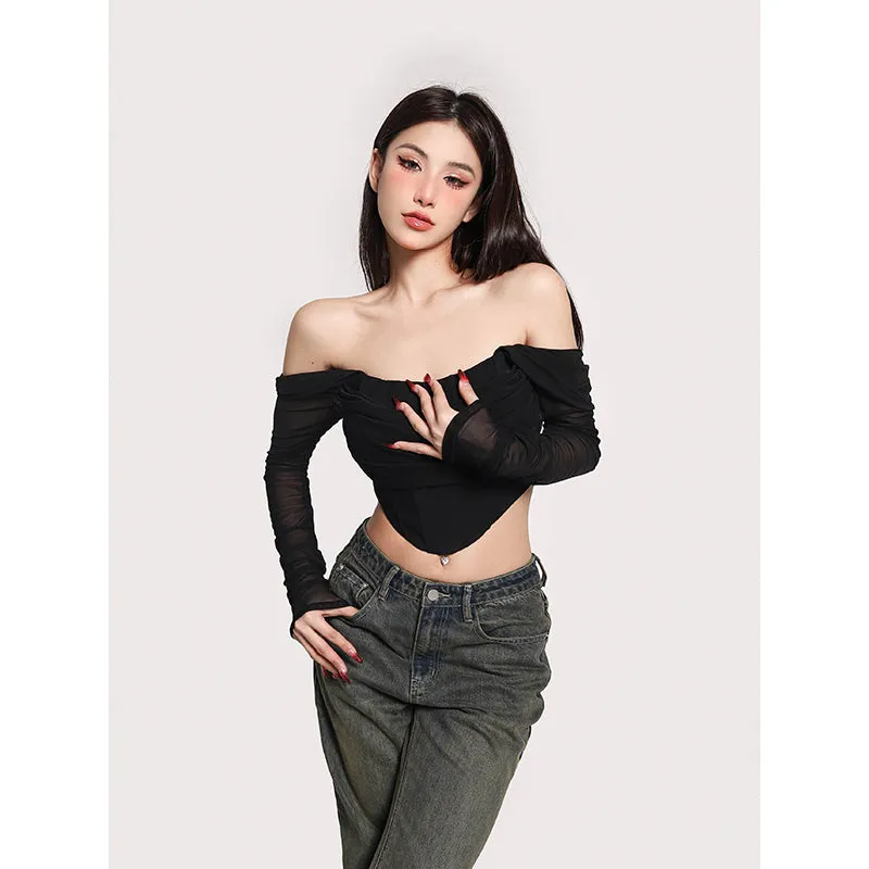 Nadina Solid Color Mesh Fishbone Corset Strap Off the Shoulder Long Sleeve Cropped Top
