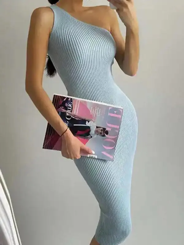 New fashionable slanted shoulder solid color slim elastic slim fit hip-hugging knitted dress