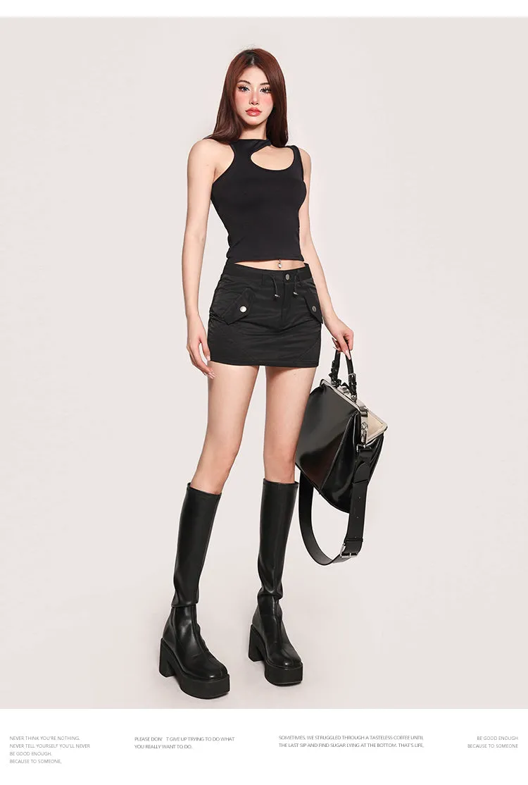 Nia Solid Color Black Halter Cut Out Slim Cropped Top