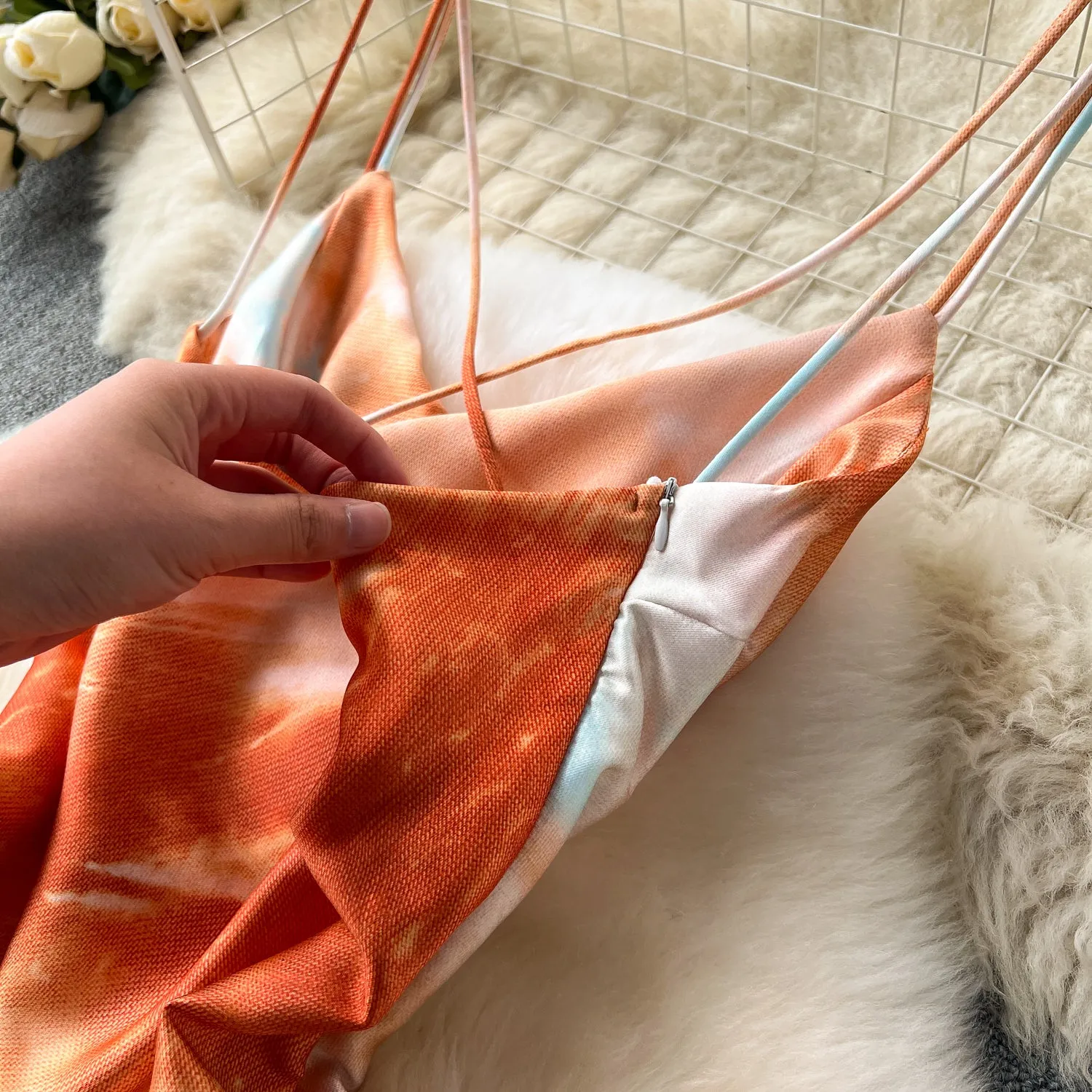 Niche Tie-dye Draped Satin Slip Dress